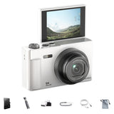 5K Digital Camera with 180-Degree Flip Screen Vlogging Camera with 64GB Card for Beginners White