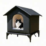 Insulated Cat House Cat Shelter with Raised Base with Washable Mat for Indoor Outdoor Black