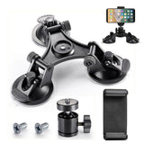 Triple Suction Cup Mount for GoPro and Action Cameras  Adjustable Camera Mount with Phone Clamp