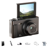 5K Digital Camera with 180-Degree Flip Screen Vlogging Camera with 64GB Card for Beginners Black