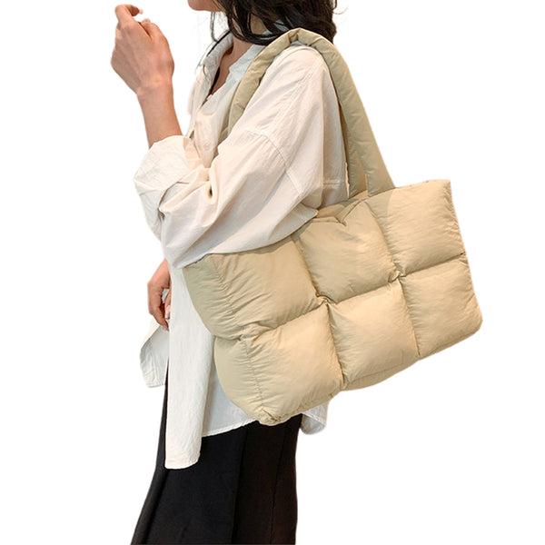 Puffer Tote Bag Large Quilted Puffy Handbag Lightweight Satchel Purse Khaki