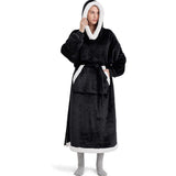 Wearable Hoodie Blanket with Giant Pocket and Waist Belt Long Hooded Blanket Black