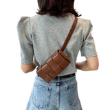 PU Leather Woven Style Crossbody Bag Small Shoulder Fanny Pack for Women Coffee