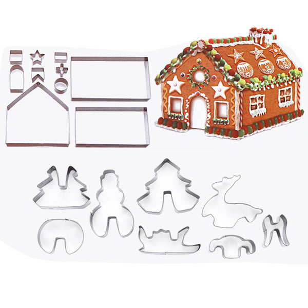 18PCS Stainless Steel Christmas Cookie Cutter Set with 3D Gingerbread House Shapes