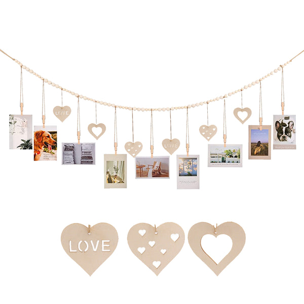 Boho Hanging Photo Display Wooden Beads String with Clips Picture Frames Photo Hanger for Office Wall Art Decor Style 1