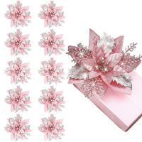 10Pcs Red and Gold Poinsettia Artificial Christmas Flowers – Xmas Tree Ornaments Pink