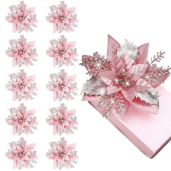 10Pcs Red and Gold Poinsettia Artificial Christmas Flowers – Xmas Tree Ornaments Pink