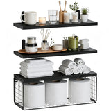 3 PCS Engineered Wood Wall Shelves with Metal Storage Basket Black