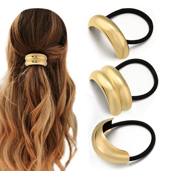 3Pcs Metal Hair Ties Stylish Geometric Design Elastic Gold Ponytail Holders