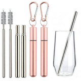 2 PCS Collapsible Stainless Steel Travel Straws with Keychain Cases Rose Gold
