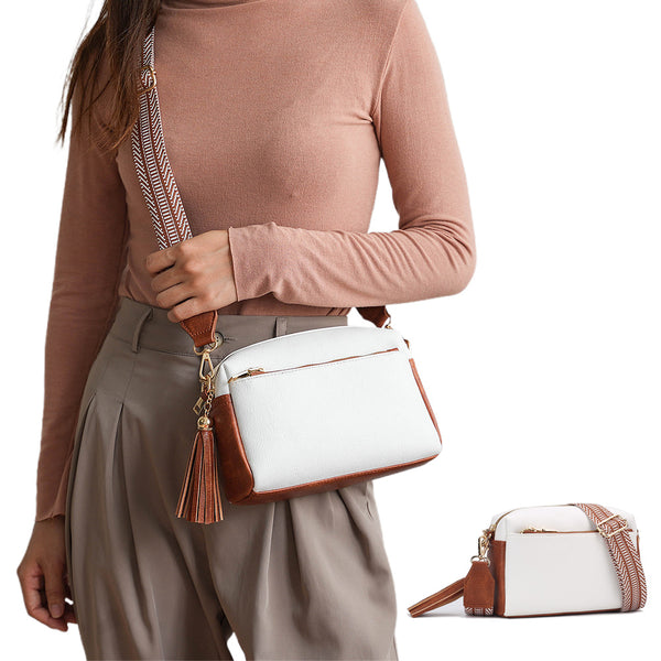 Crossbody Purse for Women Zipper Cell Phone Handbag with Adjustable Guitar Strap White