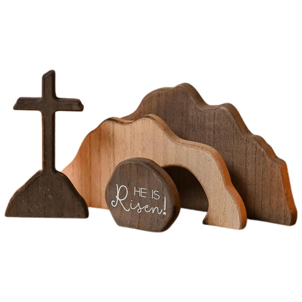 4Pcs Set Wooden Empty Tomb Easter Scene and Cross Decoration Home Office Tabletop Shelf Decor