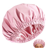 Reusable Polyester Satin Shower Cap Double-Layer Water-Resistant for Women Light Pink
