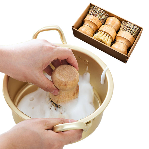 3PCS Bamboo Round Mini Dish Brushes – Natural Cleaning Kitchen Scrubber Set