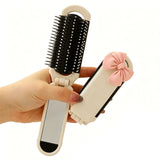 2Pcs Folding Brush with Mirror for Women Girls - Mini Hair Brush Creamy White