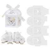 50 PCS Laser Cut Pearl Paper Candy Favor Boxes with Ribbons White
