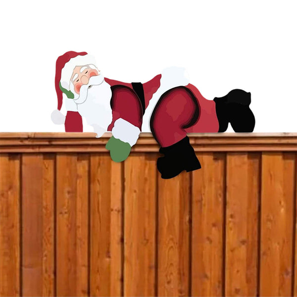 Santa Peeking Over Fence Sign Outdoor Christmas Yard Decoration for Garden