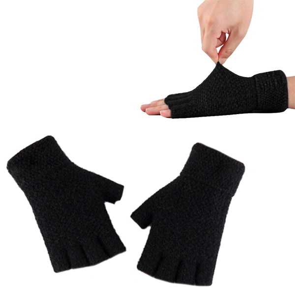 Winter Warm Fingerless Gloves Thermal Half Finger Knitted Mittens Black