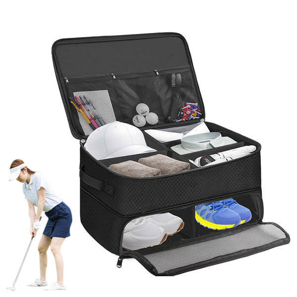 2-Layer Golf Trunk Organizer Golf Accessories Locker with Separate Compartment for Shoes Clothes Gloves
