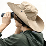 Foldable Wide Brim Outdoor Hat with Wind Strap for Fishing and Hiking Khaki