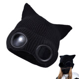 Double Layer Winter Beanie with Goggles Cute Cat Ear Knit Hat for Winter Black