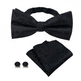 4 Piece Pre Tied Bow Tie Pocket Square and Cufflink Set Jacquard Black