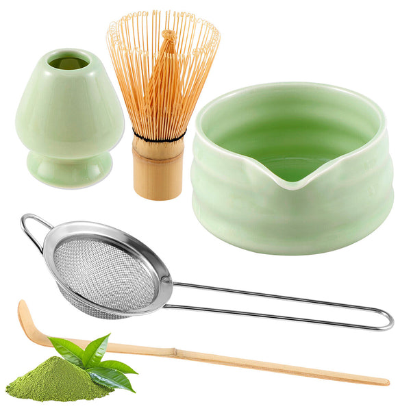 5-Piece Set Traditional Matcha Tea Tools Bamboo Whisk Ceramic Bowl Accessories for Matcha Brewing Green