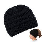 Women's High Bun Ponytail Hat Cable Knit Winter Beanie for Girls Black