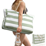 Large Striped Zipper Beach Tote Bag for Travel & Outdoor Vacations Green
