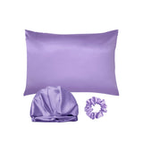 Simulated Silk Standard Pillow Case with Sleeping Bonnet Hair Scrunchy for Hair and Skin Protection Purple