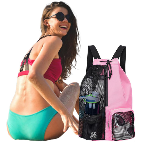Swim Bag with Wet Pocket Mesh Drawstring Backpack for Swimming Gym Pink