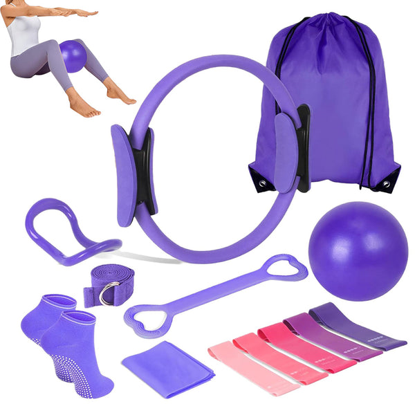 13PCS Home Pilates Essentials Kit – Includes Yoga Ball Resistance Band and Pilates Ring Purple