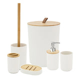 6 Pcs Bathroom Wash Set with Bamboo Lids and Plastic Body White