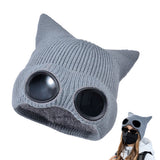 Double Layer Winter Beanie with Goggles Cute Cat Ear Knit Hat for Winter Gray