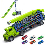 Foldable 3-Layer Car Race Track Toy Set with Carrier Truck and 6 Toy Cars Green