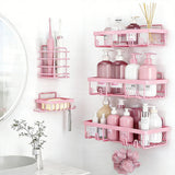 5Pcs Adhesive Shower Caddy Bathroom Wall Organizer Rack Pink
