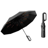 Automatic 10-Rib Folding Umbrella with Carabiner Handle Windproof Black