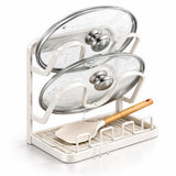 Kitchen Pot Lid Storage Rack Carbon Steel Double-Layer Holder & Spoon Rest for Kitchen Counter Space Saving Cream White