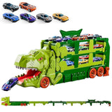 Foldable Dino Carrier Truck Dual Tracks with 6 Mini Cars for Home Outdoors Green