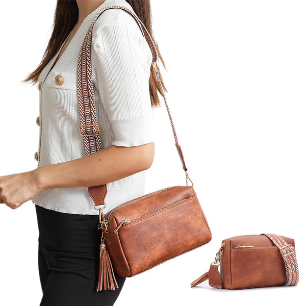 Crossbody Purse for Women Zipper Cell Phone Handbag with Adjustable Guitar Strap Brown