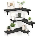 Corner Floating Shelves Wall Mounted  Set of 3 Rustic Wood Storage Display Wall Shelves for Home Decor Black