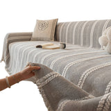 Striped Chenille Throw Blanket Sofa Couch Cover for Living Room Light Gray