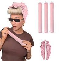 Heatless Overnight Curlers Set No Heat Curling Headband with Rods for Long Hair Pink
