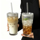 2PCS Iced Coffee Cups with Lids Ribbed Glass Coffee Bar Accessories for To Go Iced Coffee