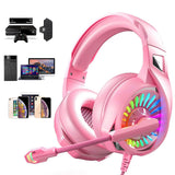 Wired Over-Ear Gaming Headset with RGB LED Lights and Noise-Canceling Mic Pink
