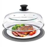 Microwave Splatter Cover Glass with Handle Dual Vents Silicone Trivet Gray