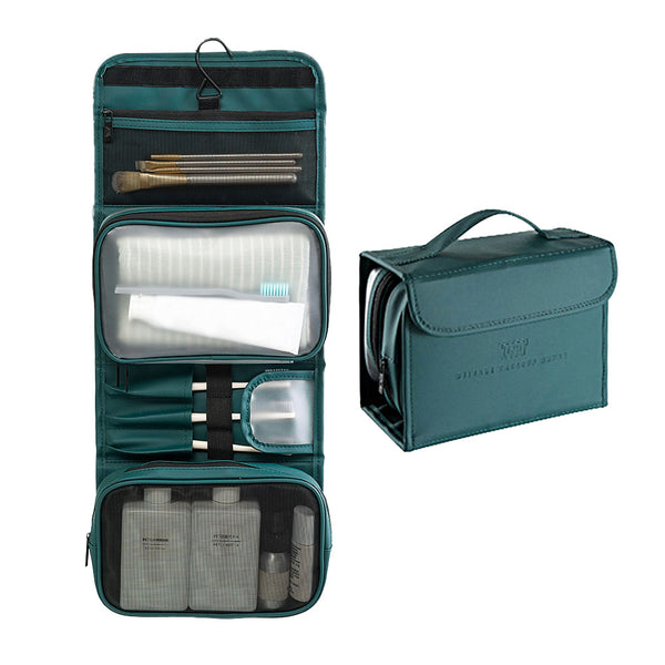 PU Leather Multifunctional Toiletry Bag Hanging Travel Organizer Makeup Cosmetic Case Green