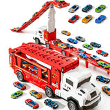 Large Transporter Truck Toy with Dual Track and 6 Alloy Racing Cars Red