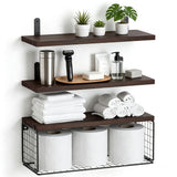 3 PCS Engineered Wood Wall Shelves with Metal Storage Basket Dark Brown