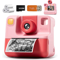1080P Kids Instant Print Camera Digital Video Cameras with Print Papers and 32GB TF Card Pink